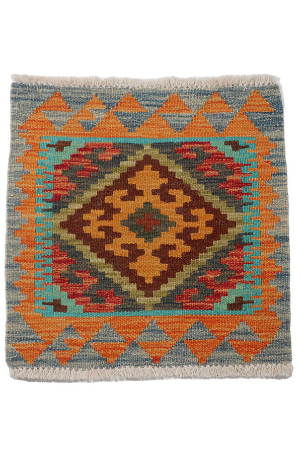 アフガニスタン産手織りキリム、大胆なカラーと幾何学模様、サイズ約50cm x 50cm