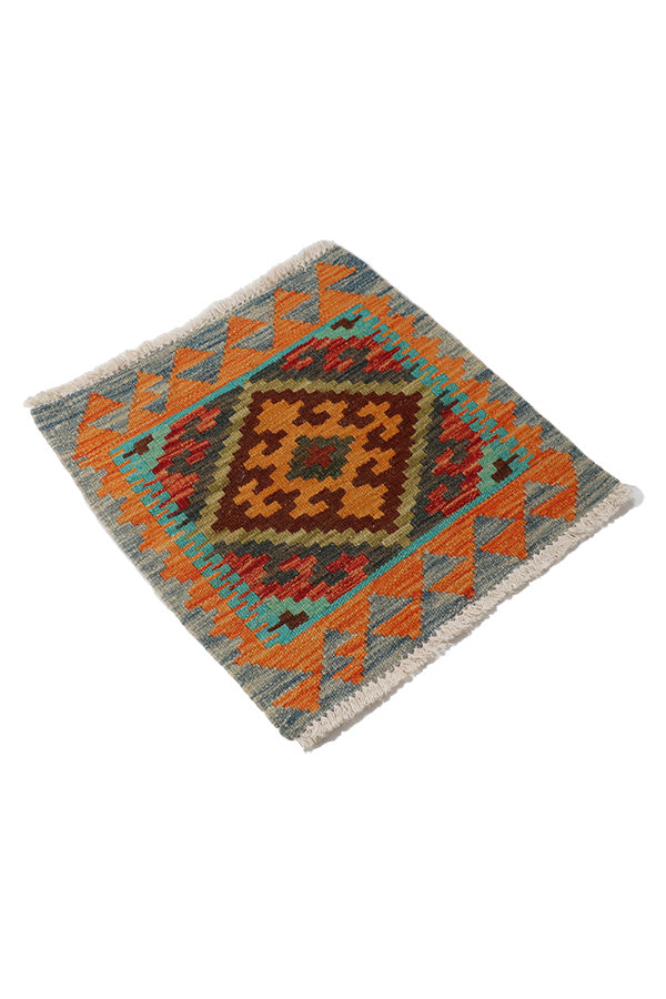 アフガニスタン産手織りキリム、大胆なカラーと幾何学模様、サイズ約50cm x 50cm