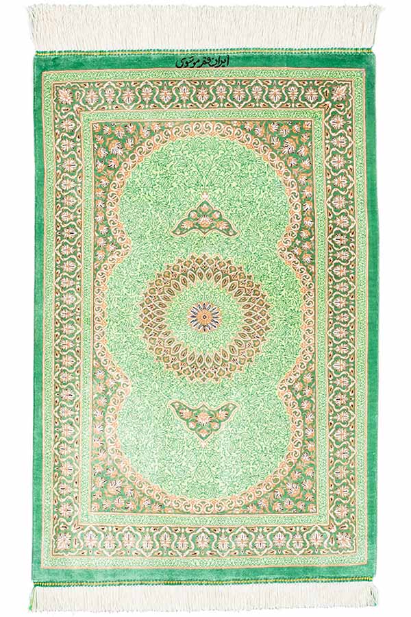 ペルシャ絨毯 クム産 シルク 緑
