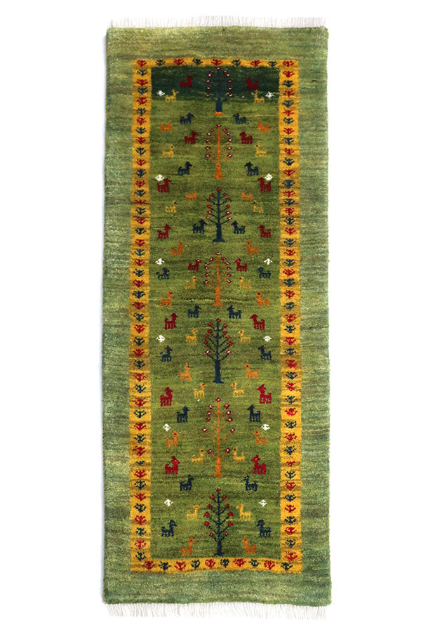 ペルシャギャッベの手織り絨毯 - ベースカラーは深緑と淡緑の美しい組み合わせです。