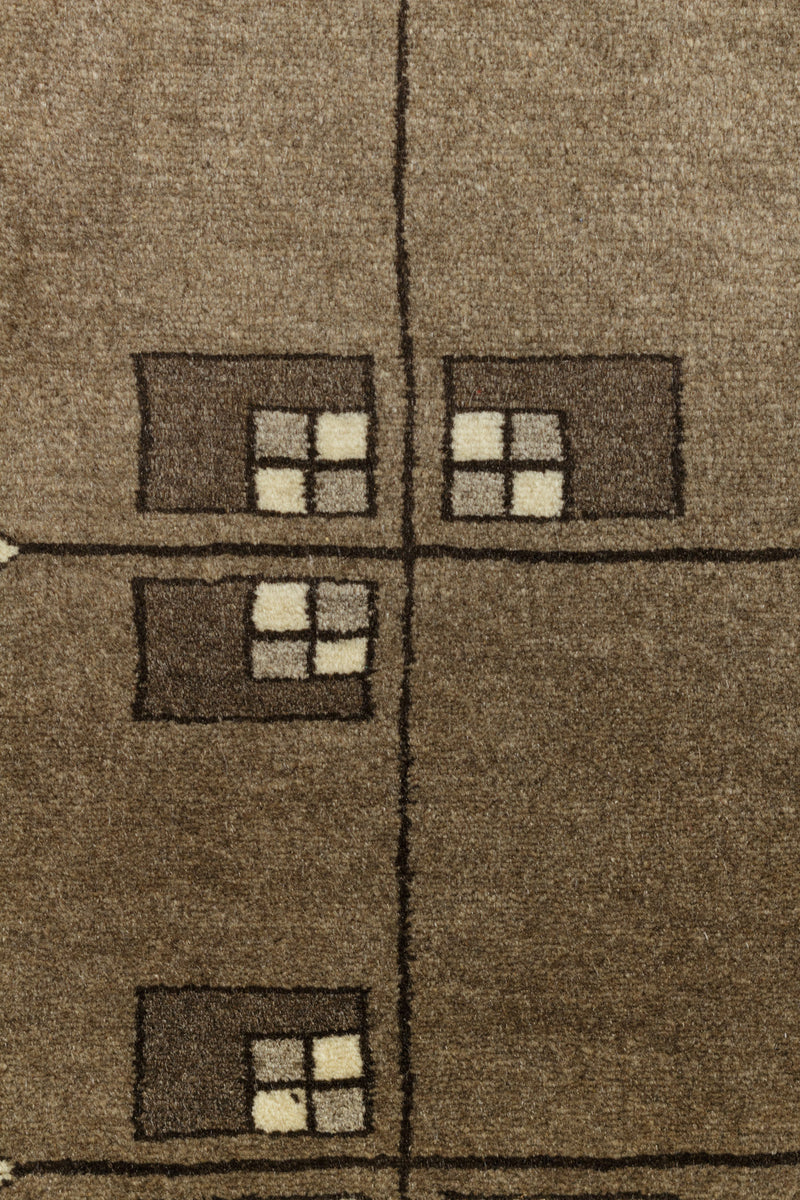 商品番号45432：ブラウンのモダンデザイン、縦糸12 x 横糸24の織りで、ラホール産の高級ウール絨毯。