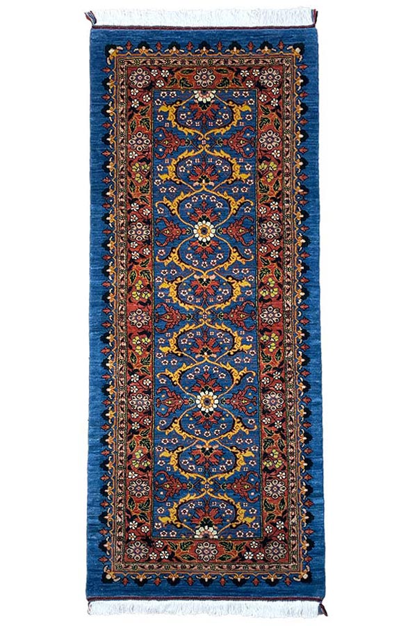 イラン・カシュガイ族製のペルシャギャッベ、青色ベースの花と唐草模様、ウール素材、サイズ72cm x 190cm
