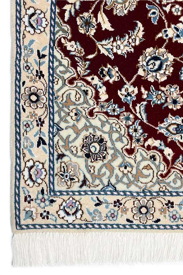 イラン・ナイン手織りペルシャ絨毯、赤色ベースの唐草模様、ウール&シルク素材
