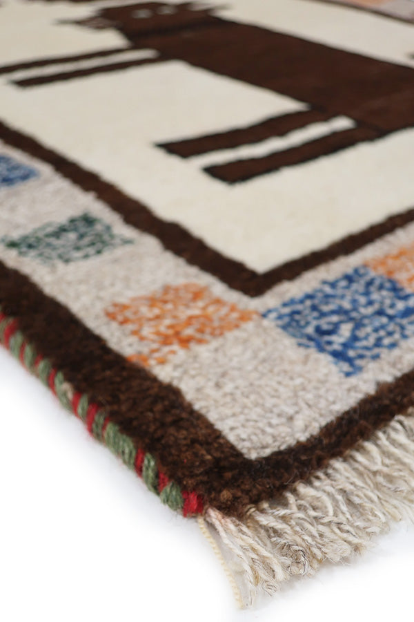 イランシーラーズ製の手織りペルシャ絨毯、2頭のライオンが向かい合うデザイン