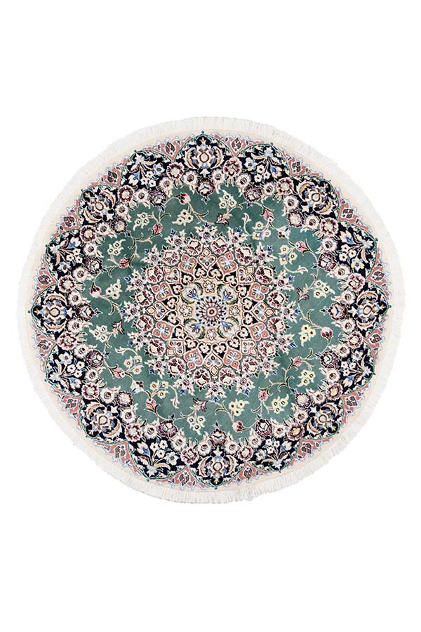 イランナイン製、丸型ペルシャ絨毯、中央メダリオンと唐草模様、シルク混ウール