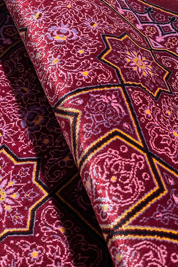 シルク製手織りペルシャ絨毯 - ピンクの円形デザイン