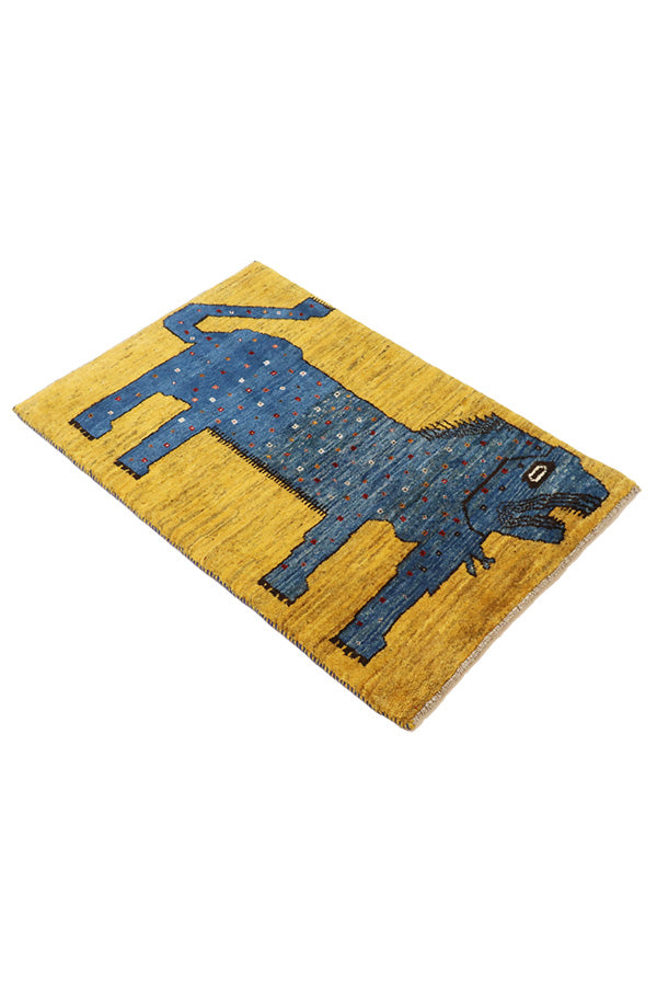 ペルシャ絨毯 ギャッベ ライオン 65x90cm 玄関マット 黄色 イエロー