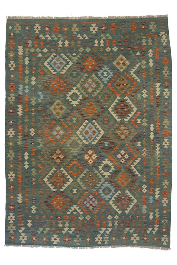 アフガニスタン産の手織りキリム、大胆な色合いと幾何学模様を持つデザイン