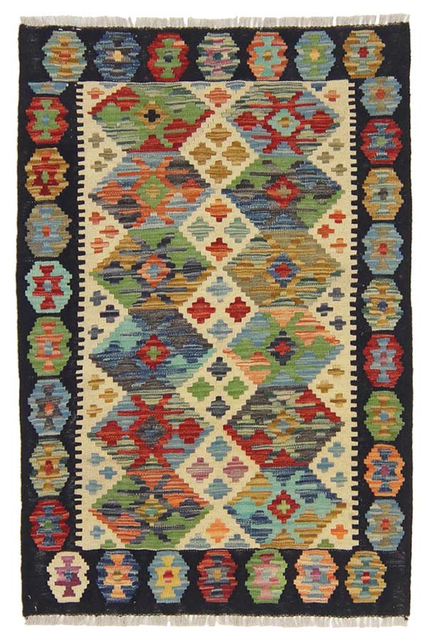 アフガニスタン手織りキリム - 大胆なカラーと幾何学模様のウール素材