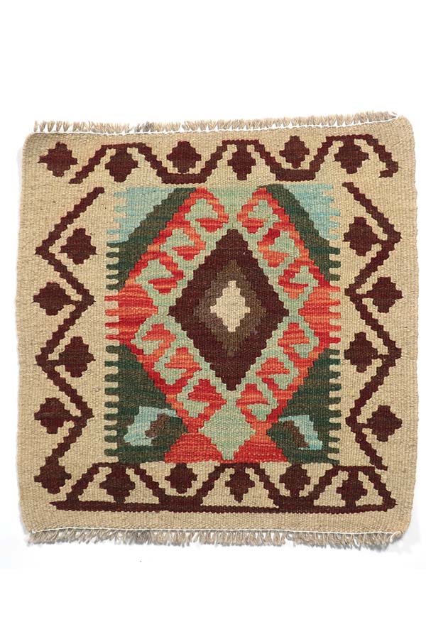 手織りアフガニスタンキリム - ウール素材、50cm x 50cmサイズ、大胆な幾何学模様
