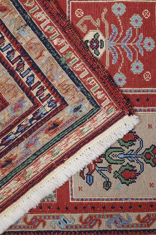 イラン・シーラーズのペルシャスマックキリム、朱色の庭園デザイン、質感の織り