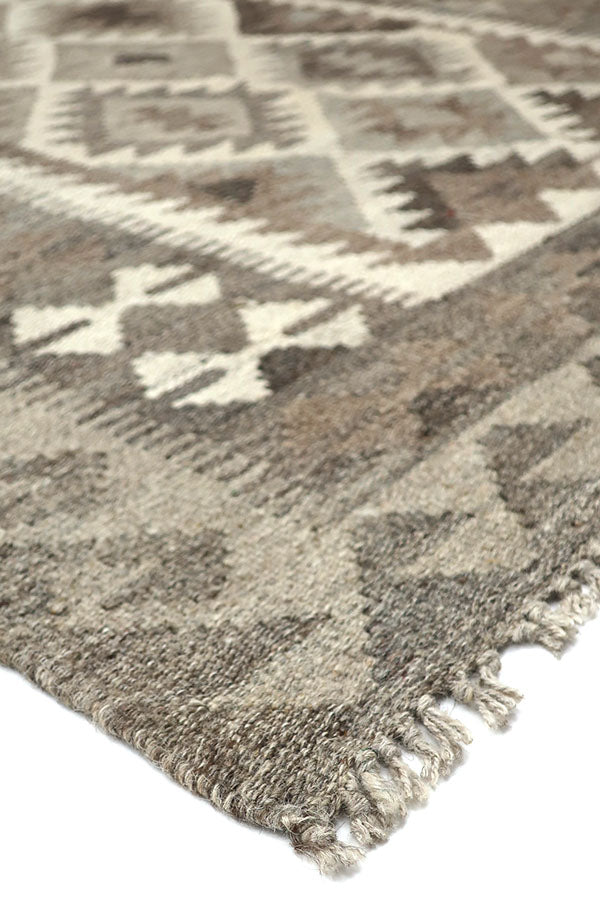 アフガニスタン製、自然なウールの色と麻のような触感の手織りキリム、100x152cm。