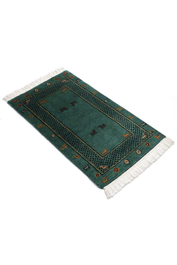 手織りアフガニスタン絨毯 45x76cm グリーン 緑 玄関マット