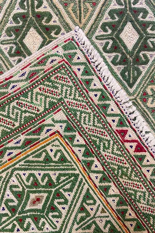 アフガニスタン産手織りマシュワニキリム、力強い幾何学模様と絨毯織り組み合わせ、商品番号51819