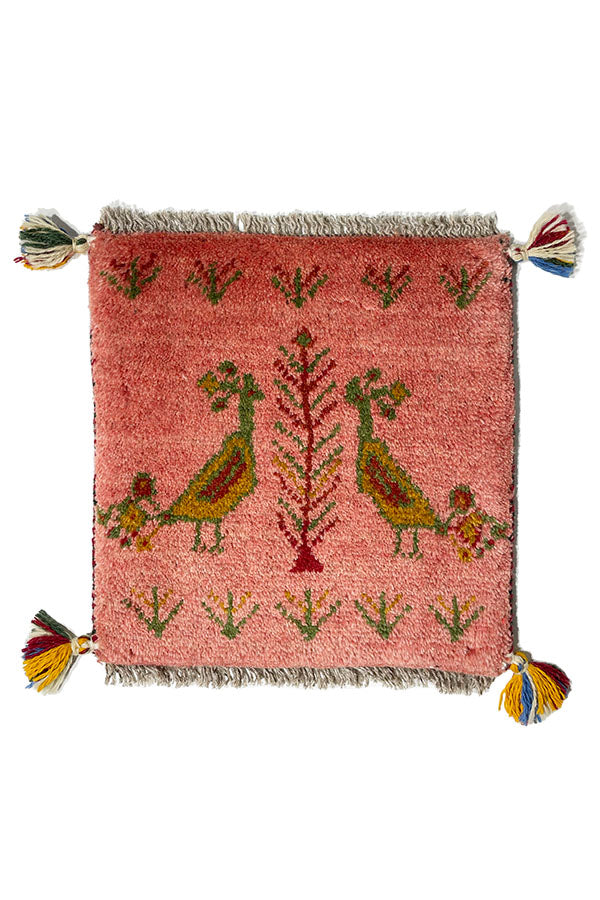 ペルシャ絨毯 ギャッベ 鳥 40x40cm 座布団 ピンク
