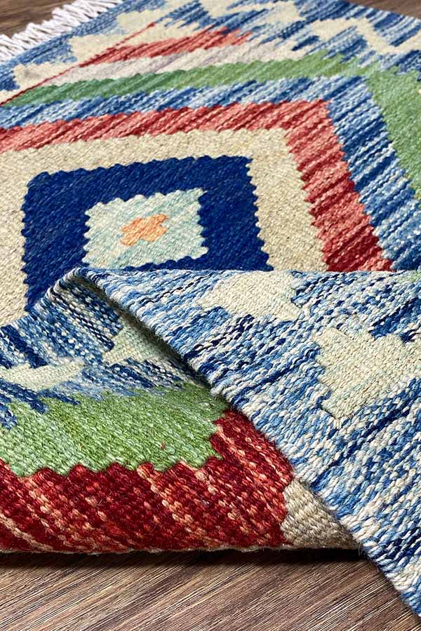 アフガニスタン製手織りキリム、大胆なカラーと幾何学模様