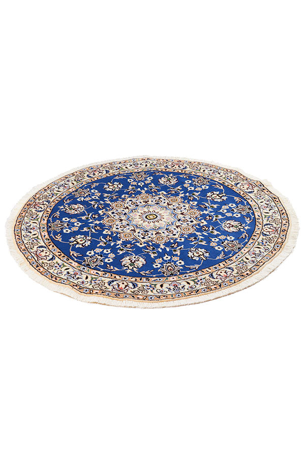 ペルシャ絨毯  円形 ナイン ウール 白&青